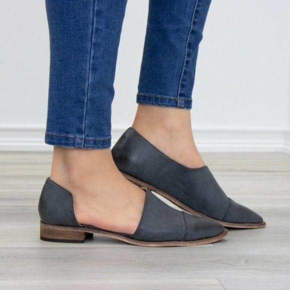 Shoes - Charcoal Opened Side Pointy Slip On Flat Loafer